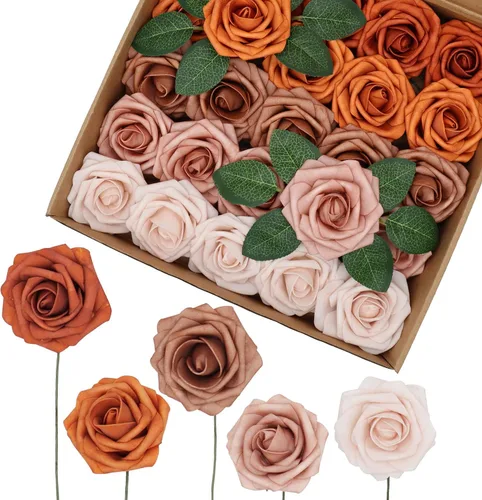 Flores artificiales, 25 unidades, tonos de naranja quemado, rosas de espuma de aspecto real, rosas falsas con tallos para ramos de boda, centros de