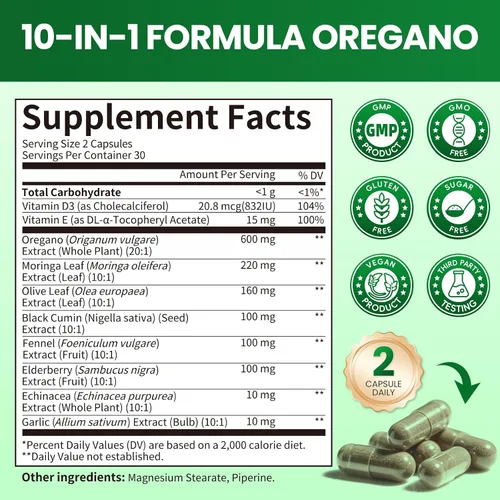 B BEWORTHS Aceite de orégano con aceite de semilla negra - Cápsulas de aceite de orégano | Moringa, saúco, equinácea, ajo, hinojo - Aceite de