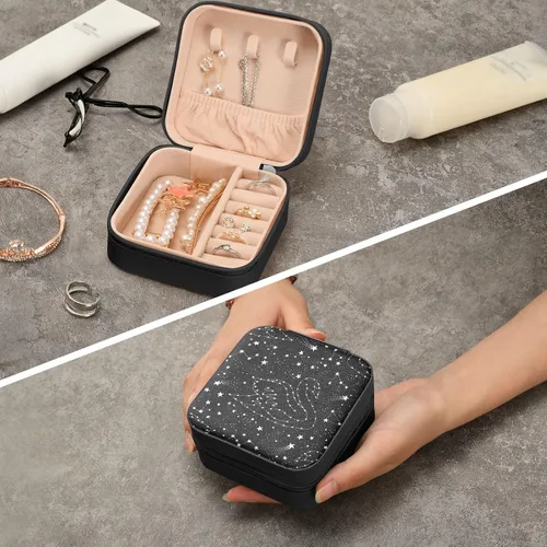 Miniatura 8 de Tatenale Joyero de viaje pequeño organizador de joyas para anillos, aretes, collares, niñas, mujeres, hombres, estrella fugaz blanca y cisne, negro