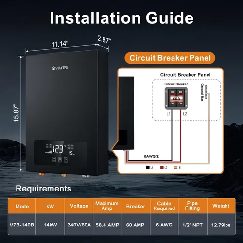 Miniatura 4 de Calentador de agua eléctrico sin tanque SIVUATEK 14kW, 240V - Agua caliente bajo demanda para toda la casa - Certificado ETL, automodulación