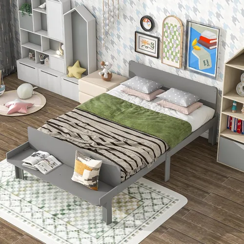 Miniatura 9 de Dolonm Marco de cama individual para niños con banco de estribo, gris, madera de pino, estilo moderno, no necesita somier