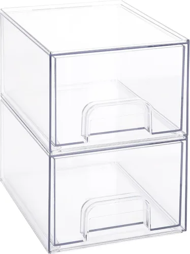 Sea Team Paquete de 2 organizadores de maquillaje transparente con cajones, vitrina de cosméticos de plástico acrílico, caja de almacenamiento de