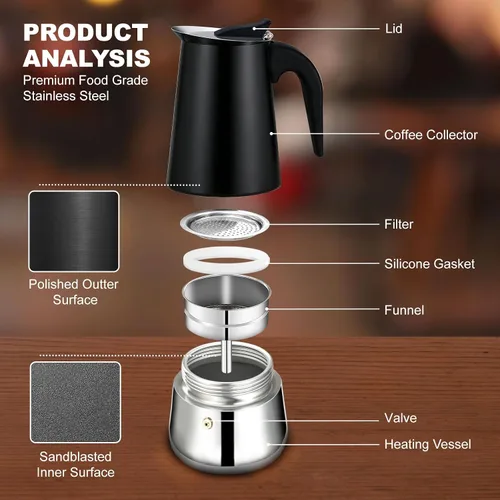 Miniatura 4 de Estufa de 2 tazas de acero inoxidable, cafetera italiana, capacidad para café moca, cocina clásica de inducción para el hogar y campamento, 3.3