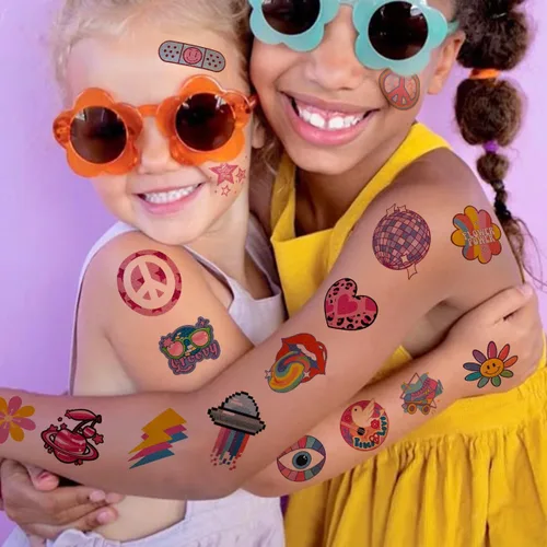Miniatura 6 de CHARLENT Tatuajes temporales con purpurina Groovy de los años 70 para niños, 74 hojas individuales con purpurina retro Flower Power, decoración