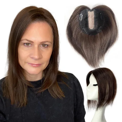 Miniatura 26 de Cubrecabello humano real de seda de 5 x 5.5 pulgadas, tamaño de la gorra, cobertura de corona de cabello lacio Remy, pieza de cabello atado a mano 2#