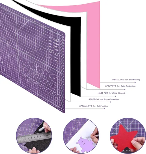 Miniatura 3 de TCAIRG Tapete de corte autocurable de 18 x 12 pulgadas, antideslizante, de PVC de doble cara, 5 capas A3, tapete giratorio para manualidades