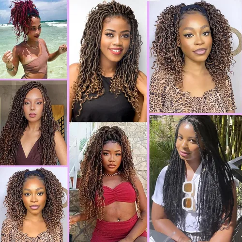 Miniatura 6 de Leeven 7 paquetes de rastas sintéticas con extremos rizados de 18 pulgadas, rastas de diosa preenrolladas para cabello de ganchillo, 84 hebras 1b#