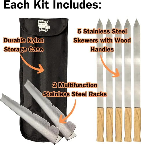 Miniatura 2 de Koobideh - Kit de parrilla de kebab - 5 pinchos planos anchos, 2 estantes y estuche para Picanha, Adana y Churrasco - Juego de barbacoa de acero