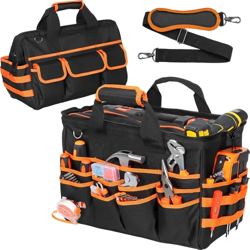 Bolsa de herramientas resistente, bolsas de herramientas de 17 pulgadas para hombres con múltiples bolsillos, bolsa organizadora de herramientas
