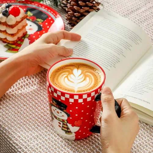 Miniatura 4 de Tazas de café HASENSE, juego de 4 tazas de cerámica de 15 oz con asa y patrones de muñecos de nieve para hombre mujer, juego de tazas de porcelana