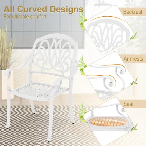 Miniatura 9 de Tangkula Juego de 2 sillas de comedor de aluminio fundido para patio, sillas de comedor apilables al aire libre con reposabrazos, sillas de bistró