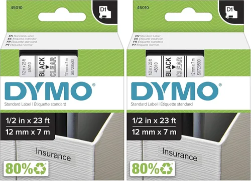 DYMO Cinta de etiquetado estándar D1 45010 (impresión negra sobre cinta transparente, 1/2 pulgadas de ancho x 23 pies de largo, 1 cartucho), DYMO