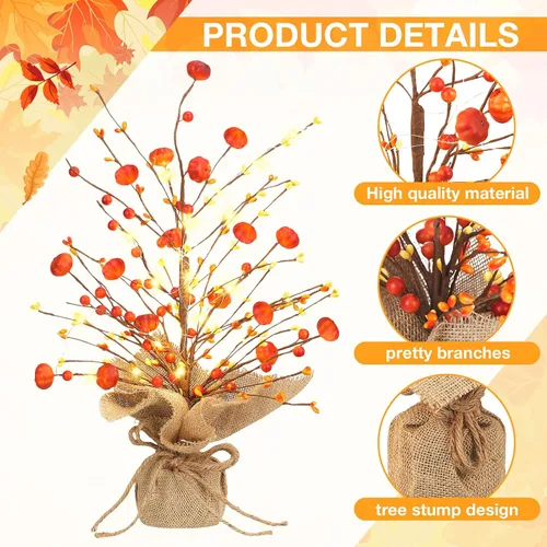 Miniatura 4 de Ganeen 2 piezas de decoración de mesa de árbol de otoño iluminado de Acción de Gracias LED de 18 pulgadas, mini centro de mesa de otoño, calabaza