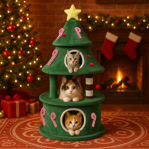 Miniatura 9 de LUCKLIFE Árbol de Navidad para gatos de 48 pulgadas con 2 casas acogedoras, torre moderna para gatos con kit antipuntas, perchas de felpa y bolas
