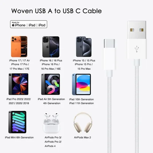 Miniatura 3 de Cable tejido USB A a USB C para iPhone 15/16/16E/17 para iPhone 17Air, 15 16 Pro Max, 15/16 Plus, iPad 10ª generación, iPad Pro 12.9/11, iPad Air