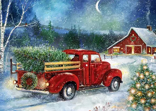 RUIHA Kit de pintura de diamantes de Navidad, kit de arte de diamantes de invierno para adultos, pintura 5D de camión rojo con taladro completo de