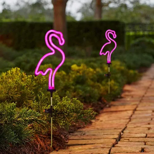 Miniatura 7 de Juego de 2 luces solares de flamenco rosa para jardín, luces solares para caminos para césped, patio, pasarela, iluminación rosa neón