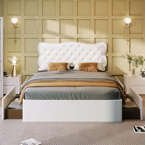 Miniatura 26 de Cama de plataforma tapizada de tamaño individual con barandilla, cabecera de almacenamiento y estribo, para niños, adolescentes y adultos, uso