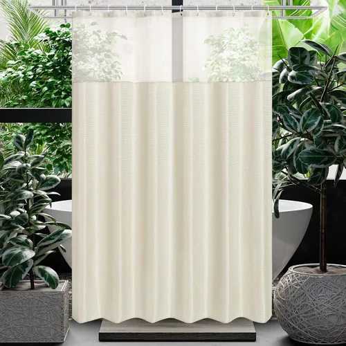 Miniatura 9 de Gibelle Juego de cortina de ducha de tejido gofre con ventana superior de malla y ganchos, cortina de ducha de tela estilo spa para baño, beige, 72