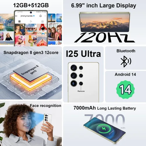 Miniatura 2 de I25 Ultra 5G - Teléfono inteligente desbloqueado, 16 GB+512 GB 7000 mAh, teléfono celular completamente para Android 14, pantalla HD de 6.99 Blanco