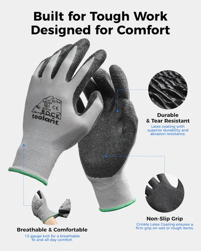 Miniatura 2 de toolant Guantes de trabajo de látex arrugado a granel, guantes de trabajo de seguridad con revestimiento de goma para hombres y mujeres, 12 pares