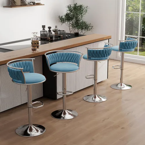 Miniatura 36 de Juego de 2 taburetes de bar giratorios de 360°, silla de bar de terciopelo ajustable a altura de mostrador moderna, taburete de metal plateado