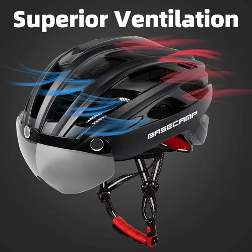 Miniatura 4 de Casco de bicicleta Basecamp con luz trasera y gafas magnéticas desmontables, casco ligero para ciclismo ajustable para hombres y mujeres en montaña