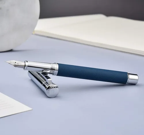 Miniatura 7 de Hongdian 1843 Navigator - Pluma estilográfica extra fina de metal sólido, patrón de ondulación azul con convertidor recargable y estuche de metal