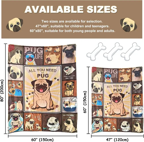 Miniatura 3 de Manta de Pug, Lindas Mantas de Vellón de Cachorro Súper Suaves y Esponjosas, Regalos para Amantes de Pugs, Manta de Felpa Decoración de Perros