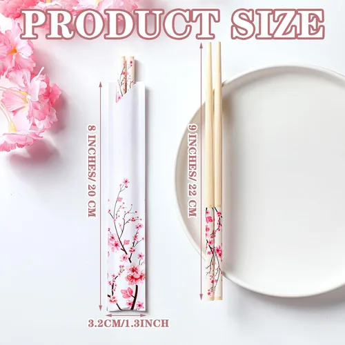 Miniatura 2 de 50 pares de palillos de flor de cerezo a granel con funda azul, palillos desechables de bambú de eucalipto, favores de boda, suministro de comida