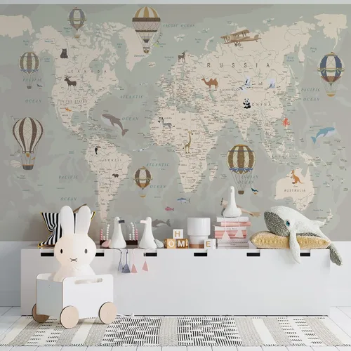 Miniatura 7 de Papel tapiz de mapa del mundo para niños con animales, calcomanías educativas para despegar y pegar, murales de guardería para bebés, niños