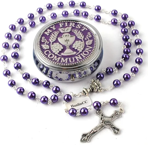 Miniatura 6 de HanlinCC - Rosario para primera comunión de 6 mm con centro de cáliz, perlas de cristal y crucifijo chapado en plata para niña, en caja de regalo