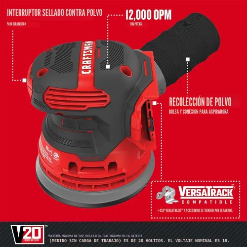 Miniatura 3 de CRAFTSMAN Lijadora orbital V20, inalámbrica, 12.000 OPM, solo herramienta desnuda (CMCW220B)