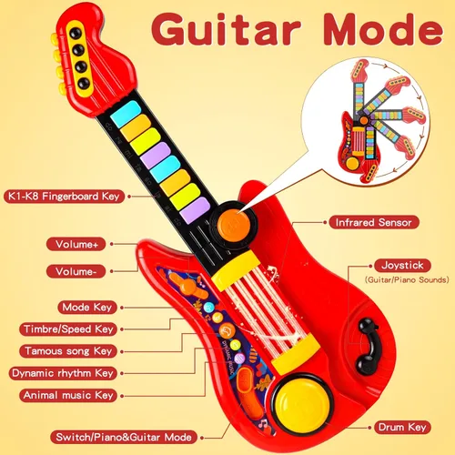 Miniatura 4 de Guitarra-Piano Infantil 2-en-1 Instrumento Musical, Guitarra para Niños Pequeños de 3-5 Años, Niños y Niñas, Juguete Educativo Ajustable, para Rojo