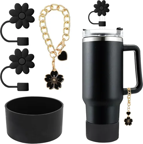 Miniatura 15 de Accesorios para juego de tazas Stanley, 2 tapas de paja de flores reutilizables de 0.394 pulgadas (0.394 in), 1 dije de mango lindo y 1 funda