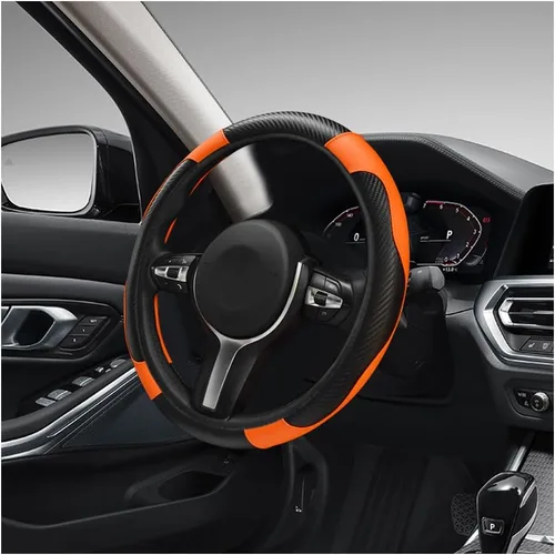 Miniatura 8 de DXNQ Funda para volante de automóvil, 15 pulgadas de fibra de carbono con costuras de piel, protector de volante de color, antideslizante, elástica