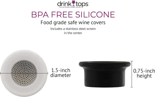 Miniatura 4 de Drink Tops - Fundas para botellas ventiladas, paquete de 2, color negro y blanco, fundas de silicona sin BPA para proteger el vino de elementos al