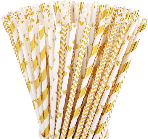 ALINK Pajitas de papel dorado biodegradables a granel, paquete de 100 pajitas metálicas a rayas, ondas, corazones, estrellas, para cumpleaños,