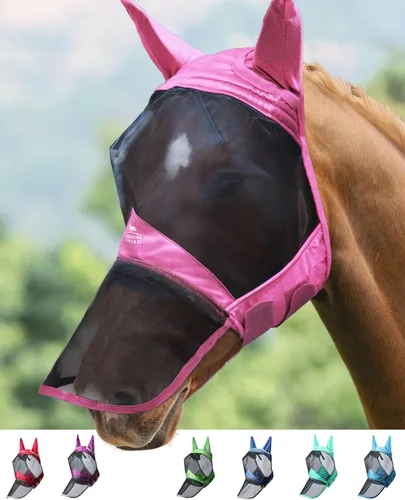Harrison Howard CareMaster Pro - Máscara luminosa para mosca de caballo, gran espacio para los ojos, nariz larga con orejas, protección UV para Rosa