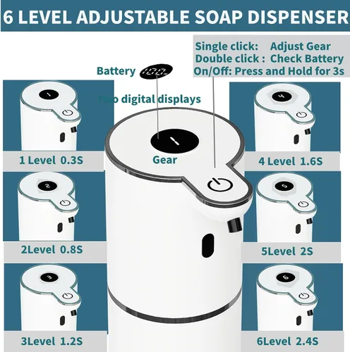 Miniatura 2 de Dispensador automático de jabón sin contacto, dispensador de jabón espumoso, 6 niveles ajustables, manos libres, dispensador recargable por USB