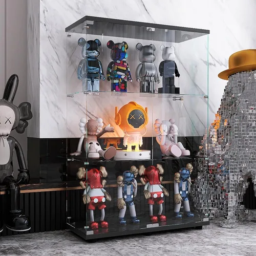 APRILSOUL Vitrina de cristal con 3 estantes con puerta doble, gabinete de exhibición Curio con estante de pie de vidrio templado de 0.197 in para