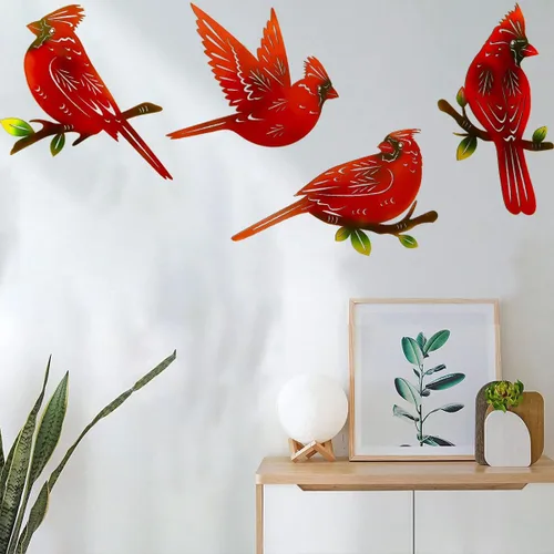 Miniatura 3 de Paquete de 4 piezas de arte de pared cardenal de metal, decoración de pájaros de metal 3D, adornos hechos a mano, pájaro rojo ágil, regalos