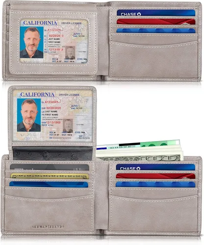 SERMAN BRANDS Billetera de piel con 2 ventanas de identificación para hombre, con bloqueo RFID, doble tapa superior, billetera de viaje de capacidad