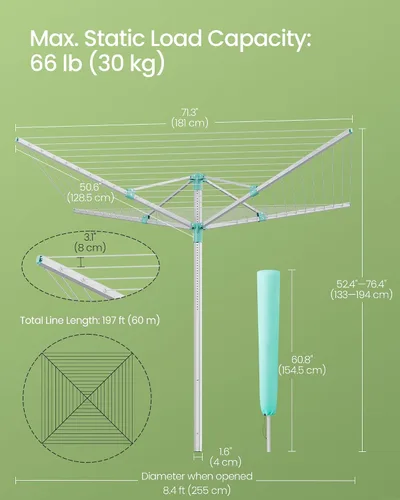 Miniatura 7 de SONGMICS Rejilla de secado para paraguas, estante de secado retráctil para exteriores, altura ajustable, tendedero de 197 pies de largo, capacidad