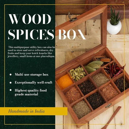 Miniatura 4 de Ajuny Caja de especias de madera de 10 x 8 pulgadas, organizador decorativo indio Masala Dabba con tapa de vidrio, 12 compartimentos y cuchara