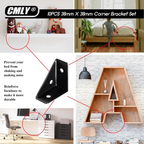 Miniatura 5 de CMLY Soportes de Esquina, 10Pcs 38mm x 38mm, Acero Negro, Soportes de Estante Triangular, Conectores de Esquina para Escritorio de Madera, Metal