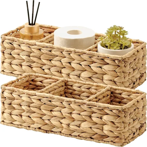 Miniatura 12 de StorageWorks Cestas de papel higiénico para estantes, cestas de mimbre de 3 secciones, cesta de inodoro para tapa de depósito, encimera, despensa