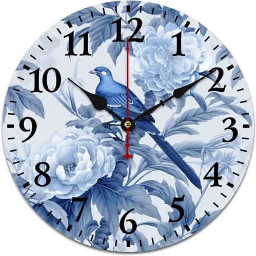 Miniatura 12 de Chinoiserie - Reloj de pared de madera moderno con patrón floral azul y blanco, flores y pájaros, funciona con pilas, con movimiento de cuarzo, azul