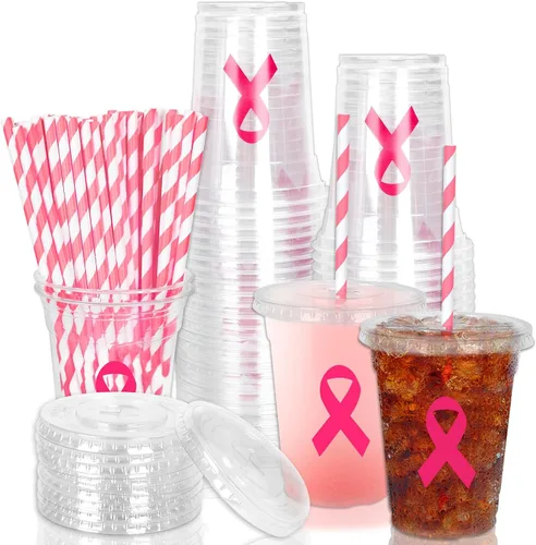 Miniatura 24 de Whaline 50 vasos de plástico desechables patrióticos de 12 onzas con tapas y pajitas con la bandera estadounidense del 4 de julio, vasos