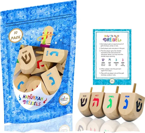 Miniatura 6 de The Dreidel Company Hanukkah 10 Dreidels de madera extra grandes pintados a mano de 3 pulgadas - Incluye tarjetas de instrucciones de juego